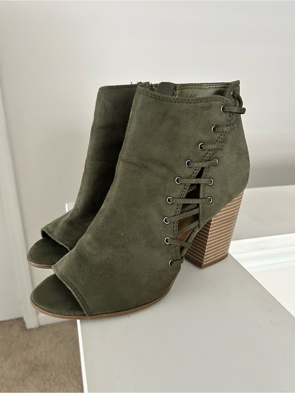 Soda Olive Green Suede Peep Toe Lace-Up Block Heel Booties